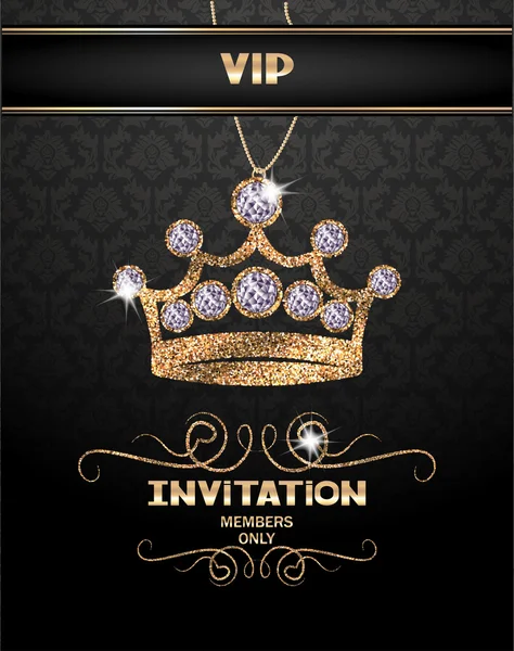 VIP пригласительный билет с абстрактной блестящей короной с бриллиантами — стоковый вектор