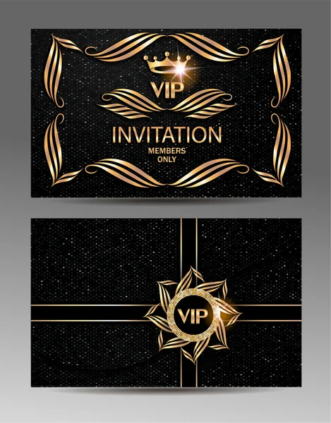 Gold and black VIP invitation envelope with flourishes and textured background. Front and back sides. Vector illustration — Stock Vector