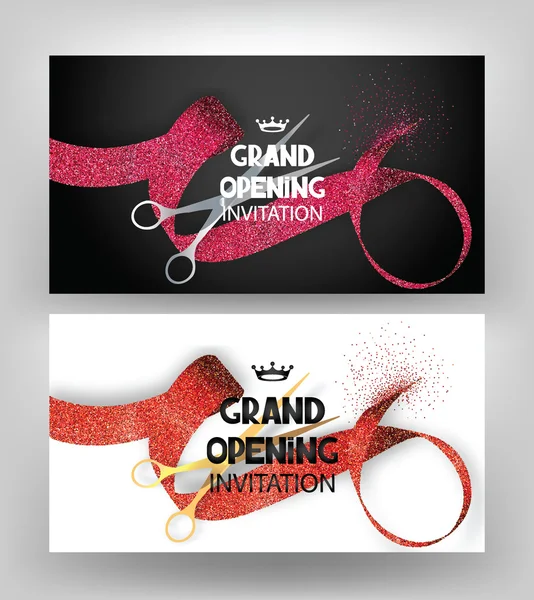 Grand opening cards with stippling ribbons and gold and silver scissors — Stock Vector