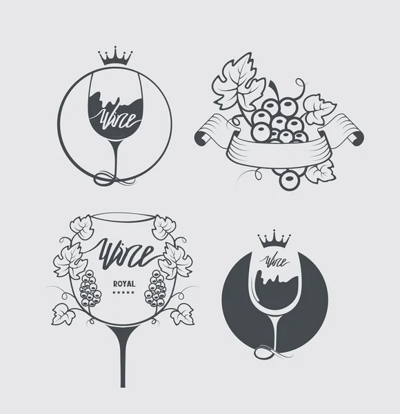 Conjunto de emblemas para atributo vinho com uvas e vidro. Ilustração vetorial conceitual —  Vetores de Stock