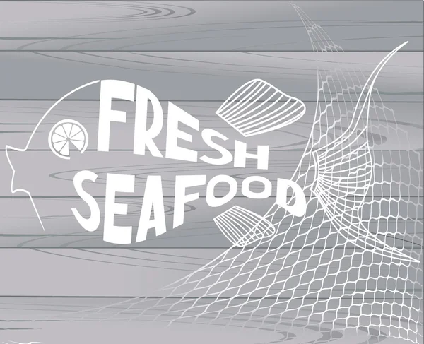 Seafood εστιατόριο μενού σελίδες τίτλο με αφηρημένα ψάρια και ξύλινο φόντο — Διανυσματικό Αρχείο