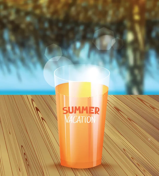 Ilustración vectorial de vacaciones de verano con un vaso de zumo de naranja y paisaje marino en el fondo — Archivo Imágenes Vectoriales