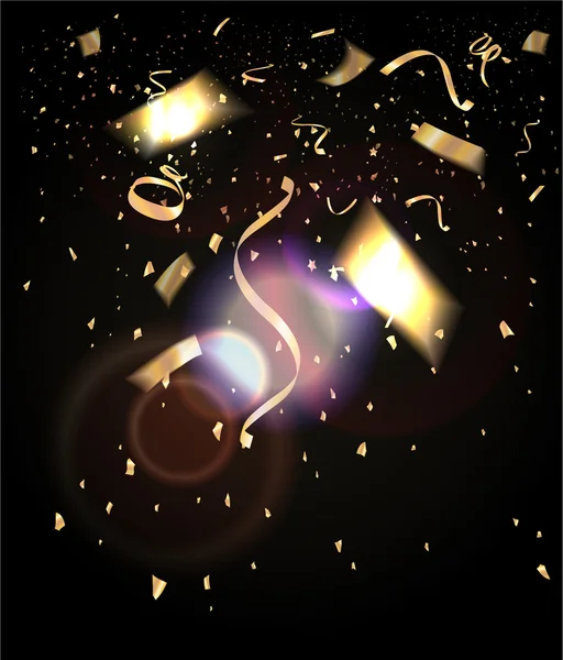 Confete voador dourado no fundo escuro. Fundo de férias. Ilustração vetorial — Vetor de Stock