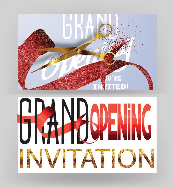 Grand opening  cards with stippling red ribbons and gold scissors — Stock Vector