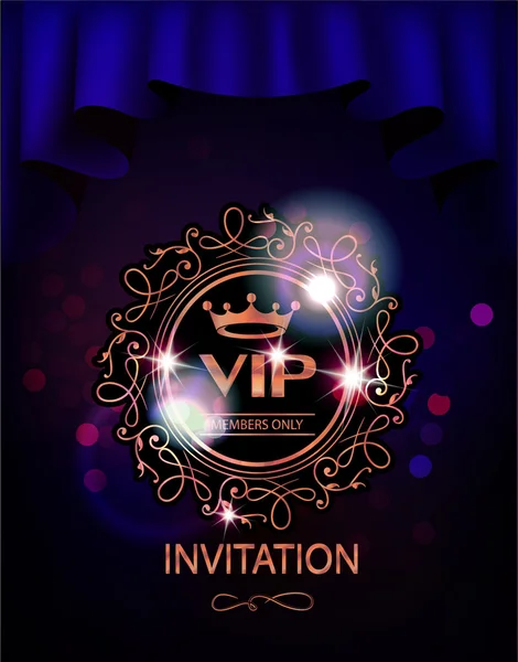 Dark blue VIP invitation card with theater curtains and bokeh on the background — Stock Vector