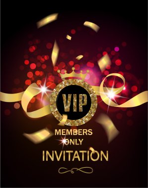 Altın konfetili, kurdeleli ve parlak arkaplanlı VIP davetiyesi
