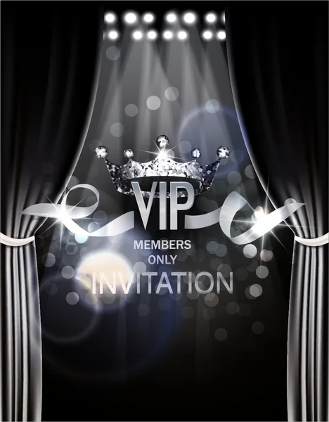 VIP invitation card with silver theater curtains and spotlights on the background — Stock Vector