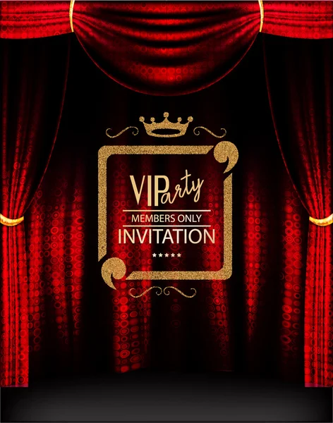 VIP invitation  card with  elegant shiny gold frame and theater red curtains — Stock Vector