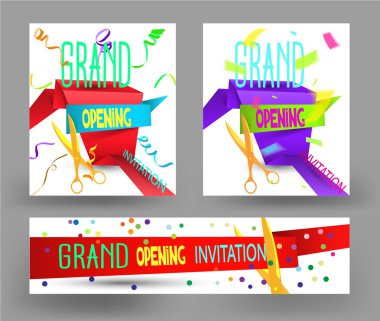 Büyük açılış renkli düz vektör kartlarla kağıt şerit, konfeti, ticker teyp kümesi
