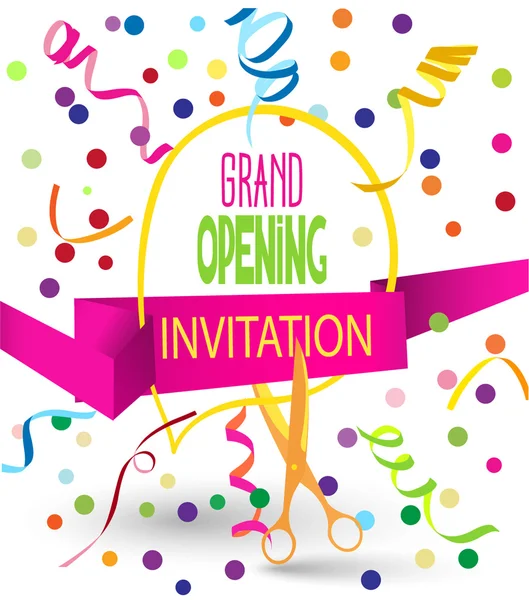 Grand Opening colorful flat vector illustration with paper ribbon, confetti, ticker tapes, and speech bubble — Stock Vector