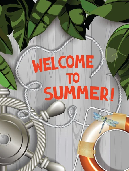 Kormánykerék, hagy a narancsfa és mentőgyűrűt fa háttér. Vektor nyári illusztráció — Stock Vector