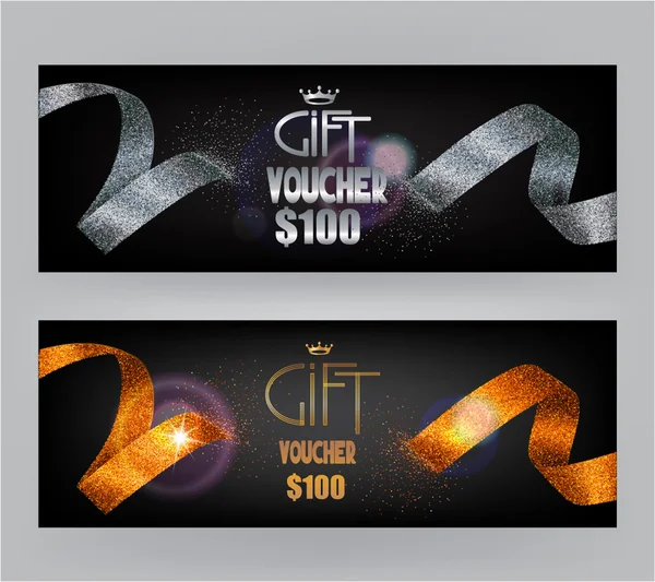 Cadeaubonnen banners met abstract zilveren en gouden linten Vectorbeelden