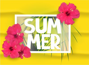 Yaz çerçeve ile arka plan, palmiye ağacı dalları ve çiçekler. Vektör çizim