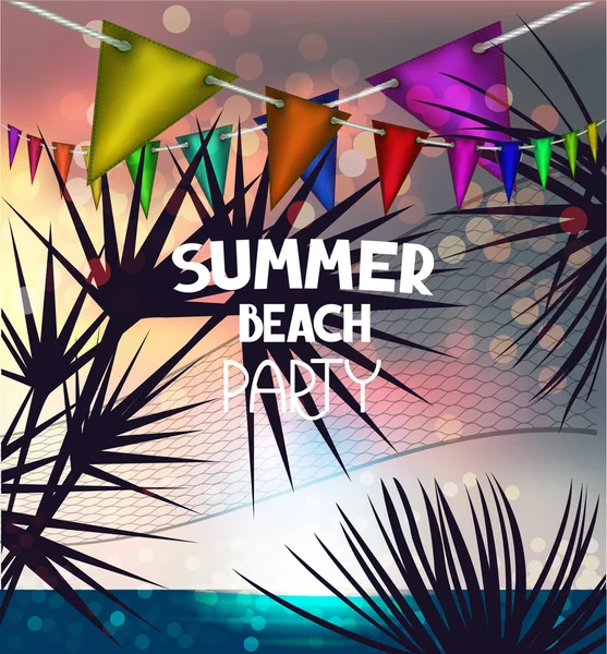 Sommer-Vektor-Illustration mit Sonnenuntergang Strandlandschaft Silhouetten von Palmen und Volleyballnetz. Beachparty im Sommer — Stockvektor