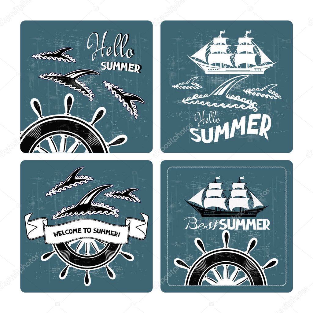 Set of summer cards with silhouettes of dolphins and ships. Vector illustration