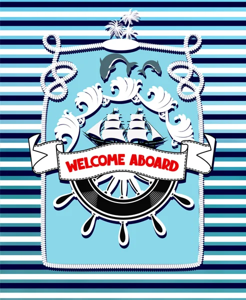 Marine blauw vintage banner met ontwerpelementen van de zee. Vectorillustratie — Stockvector