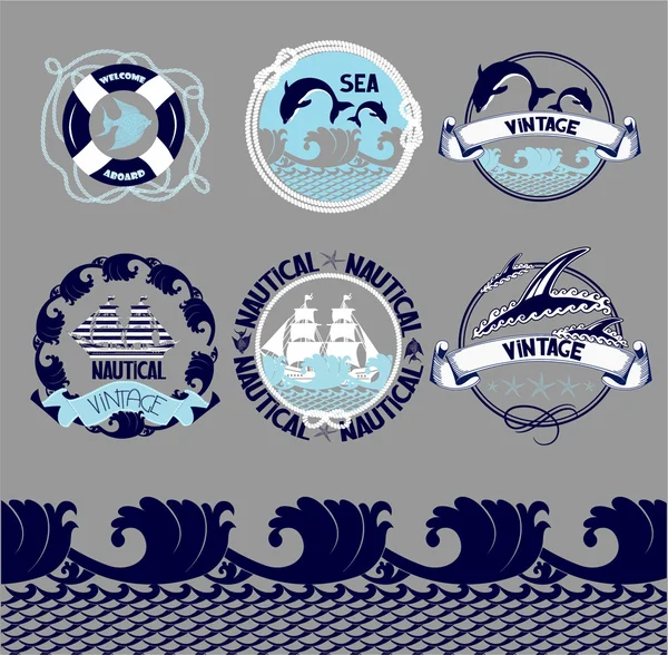 Emblèmes nautiques sertis d'objets marins et de silhouettes. Illustration vectorielle — Image vectorielle