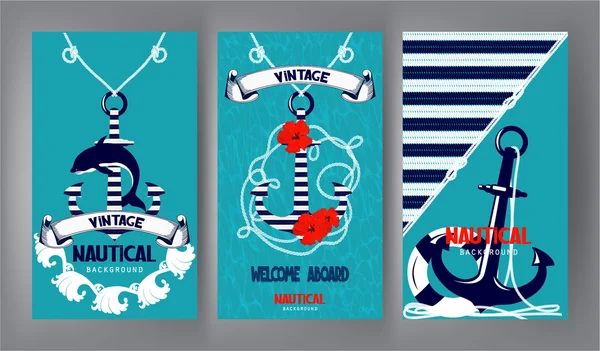 Bandiere nautiche con elementi di design marino. Design piatto. Illustrazione vettoriale — Vettoriale Stock
