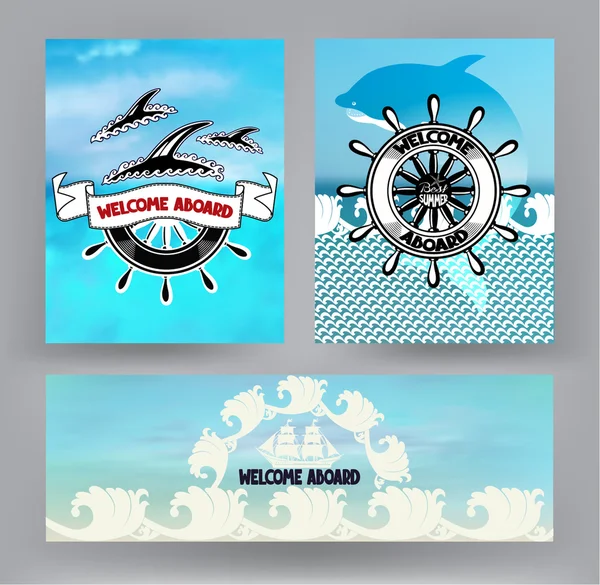 Set of marine banners with sea design elements. Vector illustration — Stock Vector