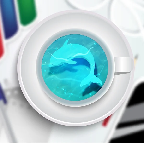 Vector illustration with office objects and cup of sea water with dolphin — Stock Vector