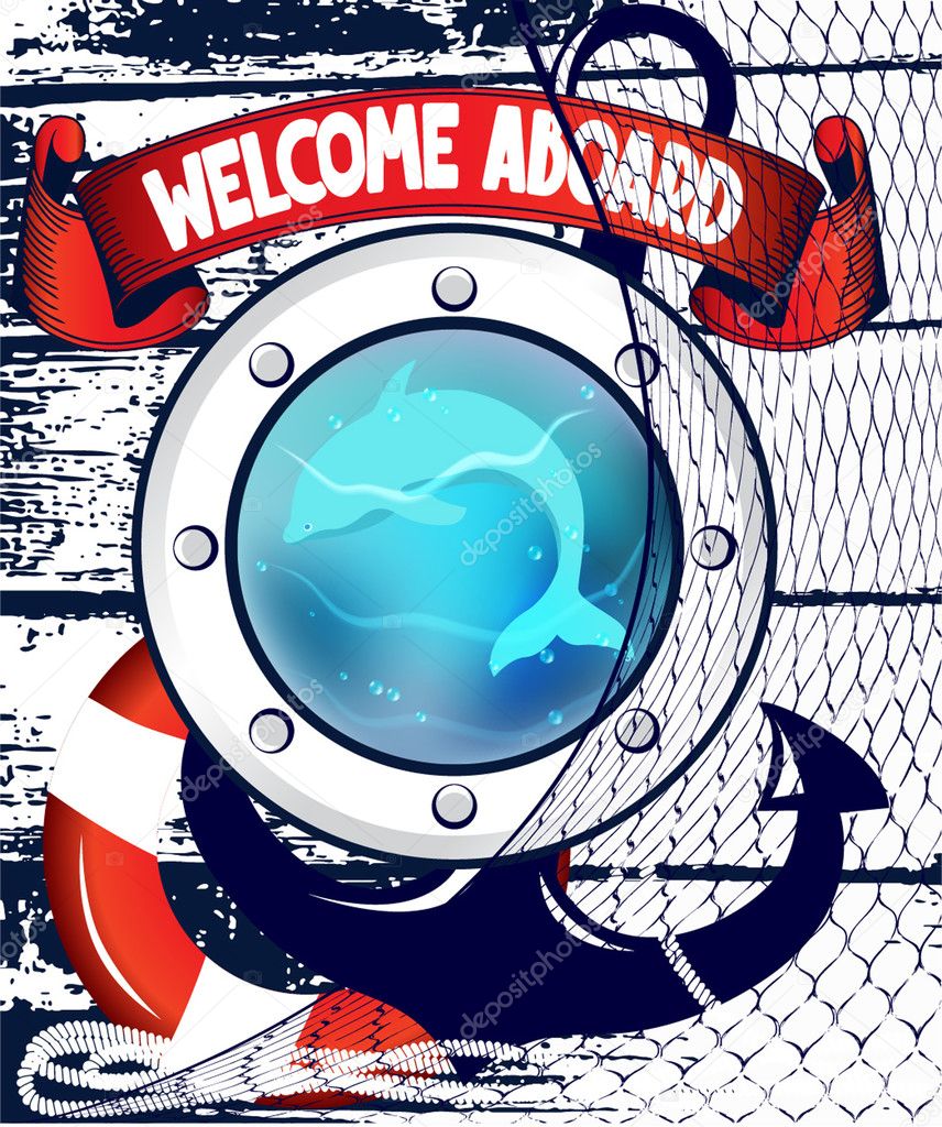 Marine background with nautical design elements. Vector illustration
