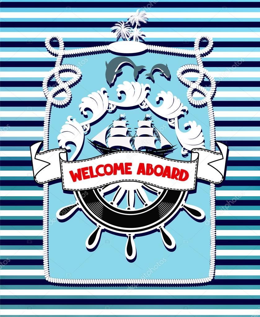 Marine blue vintage banner with sea design elements. Vector illustration
