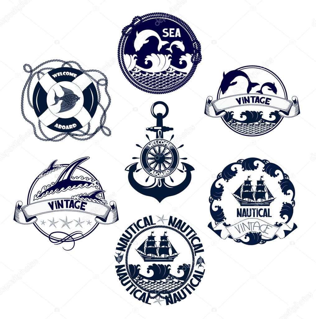 Nautical blue and white emblems set with marine object and silhouettes. Vector illustration