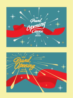 Kırmızı kurdeleler ve havai fişeklerle büyük açılış afişleri. Vektör illüstrasyon. Düz tasarım
