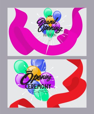 Hava balonları ve kurdeleler ile büyük açılış kartları. Vektör illüstrasyon. Düz tasarım