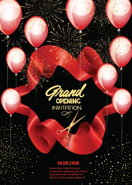 Grand opening banner with curled cut ribbon,fireworks and air balloons. Vector illustration — Stock Vector