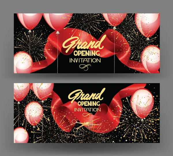 Grote opening banners met gekruld gesneden lint, vuurwerk en lucht ballonnen. Vector illustratie — Stockvector