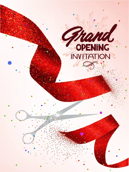 Grand Opening card with sparkling red ribbon — Stock Vector