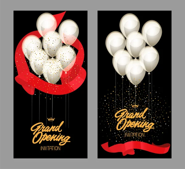 Grandes tarjetas de apertura con confeti estrellado de oro y cintas brillantes rojas. Ilustración vectorial. Diseño plano — Archivo Imágenes Vectoriales