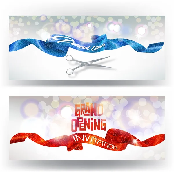 Grandes tarjetas de apertura con cintas brillantes rojas y azules y tijeras. Ilustración vectorial — Vector de stock