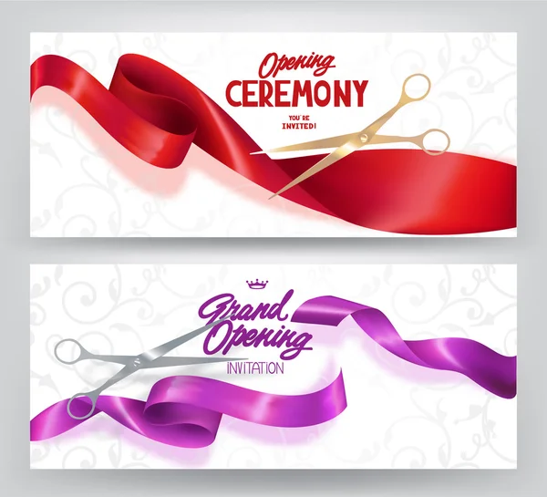 Grand opening elegant banners with silk curled ribbons and scissors. Vector illustration — Stock Vector