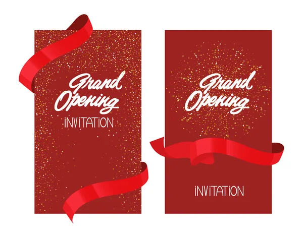 Grand opening red cards with gold stars and red glossy ribbons. Vector illustration — Stock Vector