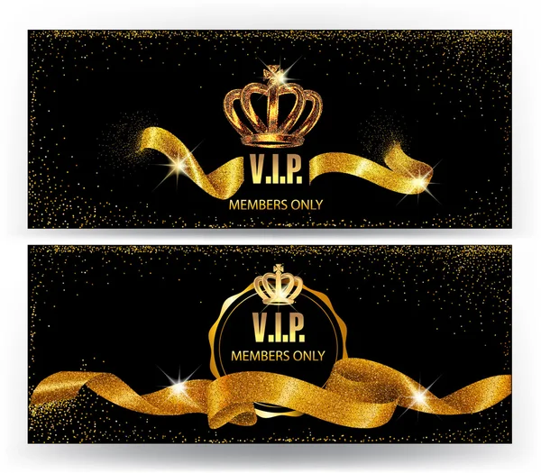 Set of elegant VIP cards with gold sparkling ribbons and crowns — Stock Vector