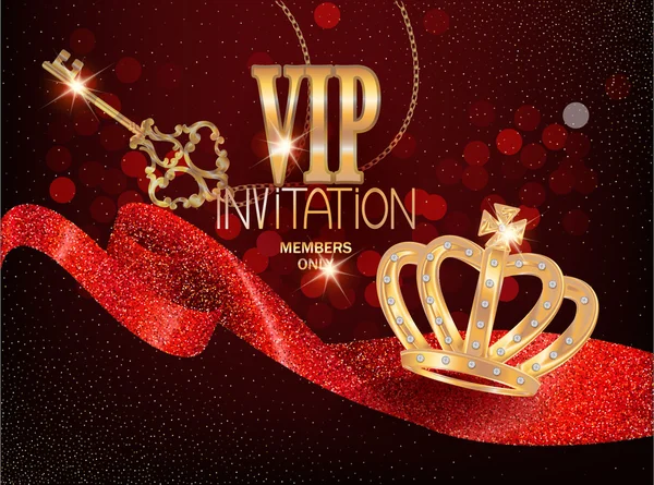 Carte VIP avec ruban rouge brillant, clé en or et couronne en or. Illustration vectorielle — Image vectorielle