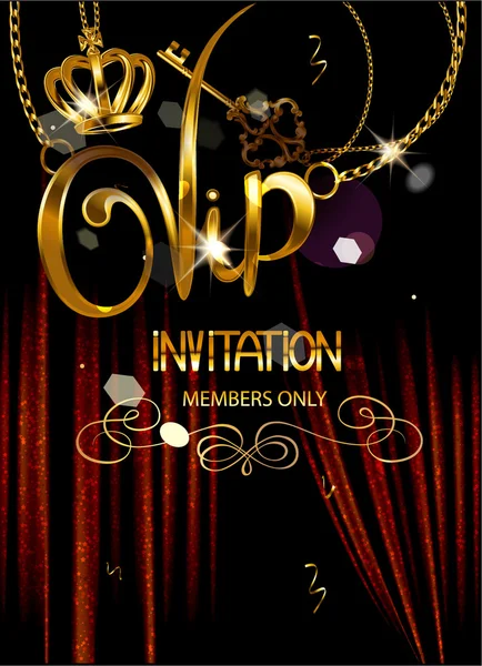 VIP INVITATION BANNER WITH THEATER CURTAINS AND GOLD PENDANTS — Stock Vector