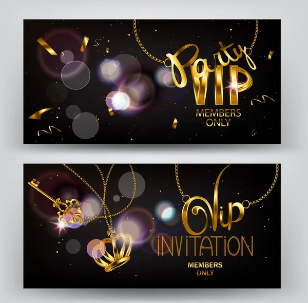 Carte orizzontali VIP con chiave scintillante in oro e corona — Vettoriale Stock