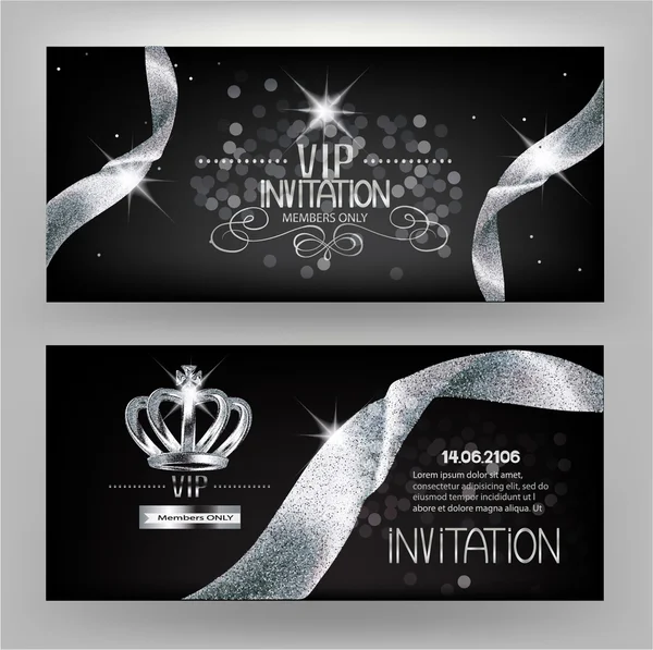 Tarjetas de plata Vip invitación con cintas brillantes y coronas. Ilustración vectorial — Vector de stock