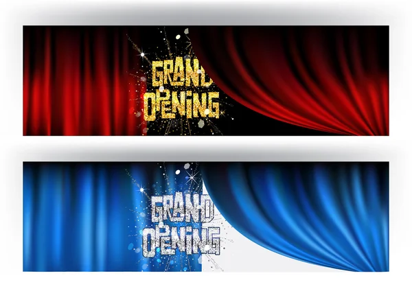 GRAND OPENING BANNERS WITH THEATER CURTAINS AND FIREWORKS Stock Vector