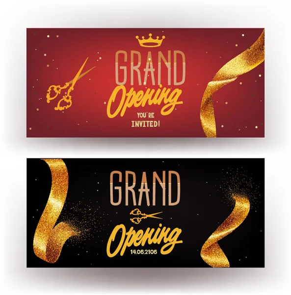 Bandiere orizzontali Grand Opening con nastri in oro scintillante. Illustrazione vettoriale Vettoriali Stock Royalty Free