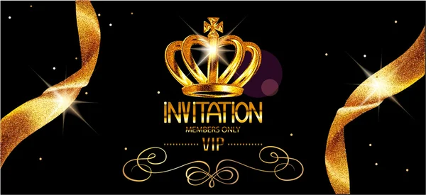 Vip invitation gold card with sparkling ribbons and crown. Vector illustration Vector Graphics