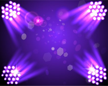 Koyu mor arka planda sahne spotları. Vektör çizimi