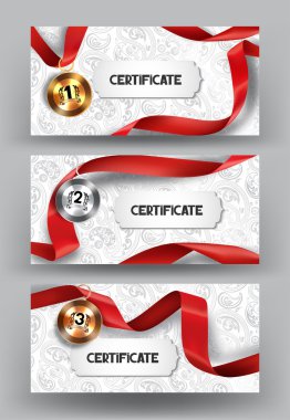 Zarif sertifikaları ve madalya çiçek arka plan üzerinde kırmızı ipek kurdele ile kümesi. Vektör çizim