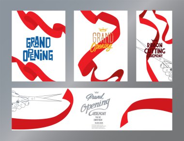 Büyük açılış töreni kırmızı kıvrılmış şeritler için afiş kümesi. Vektör çizim. Düz tasarım