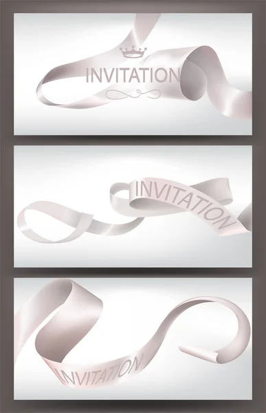 Invitation banners with curled white silk ribbons. Vector illustration — Stock Vector