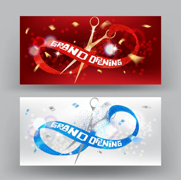 Grote opening banner met gekruld gesneden lint en lucht confetti. Vectorillustratie — Stockvector