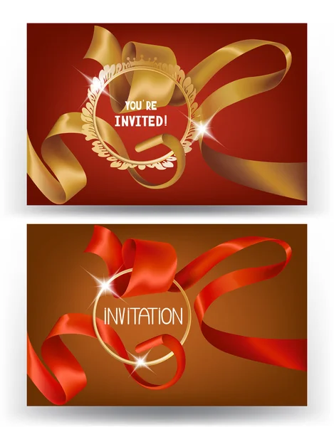 Invitation card with curled silk ribbon, scissors and gold frame. Vector illustration — Stock Vector